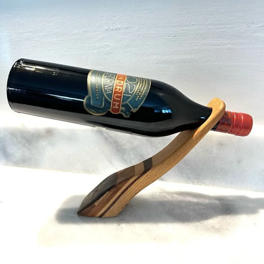 Handmade Handcarved Balancing Gravity Wooden Wine Stand Art or Rack Great Gift